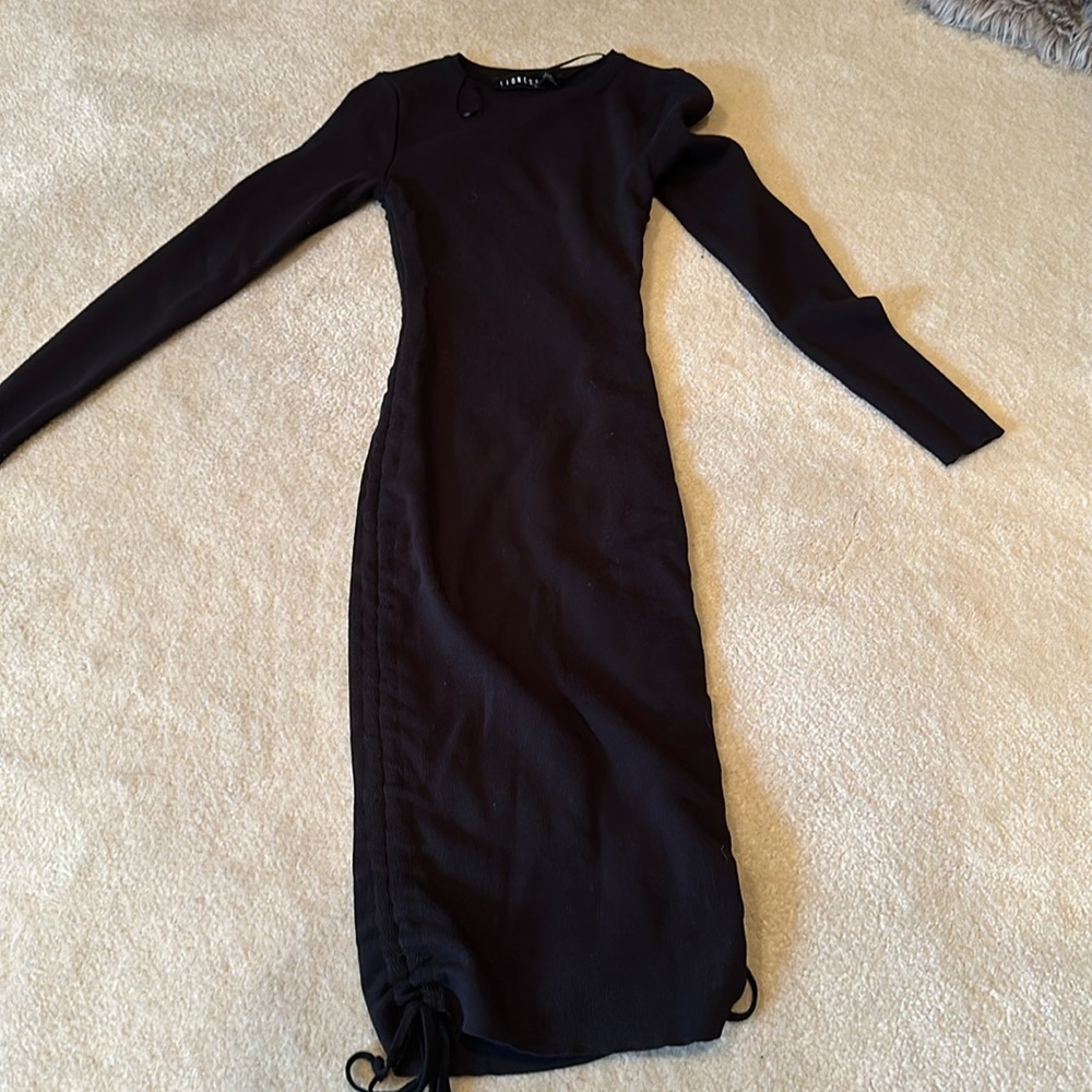 Lioness black long sleeve bodycon ruched sides midi dress